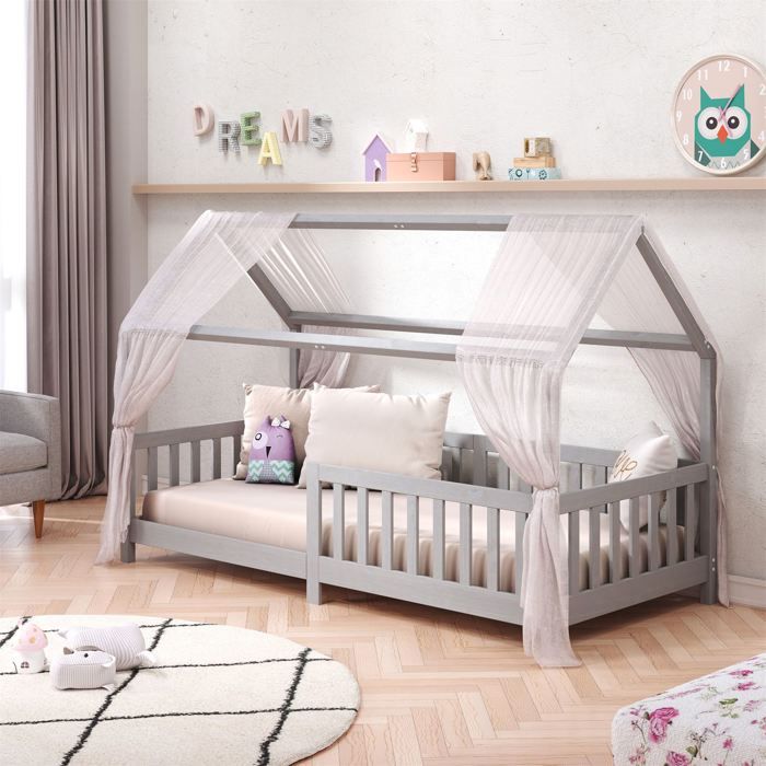 Lit cabane NINA 90 x 190 cm, en pin massif lasur&eacute; gris