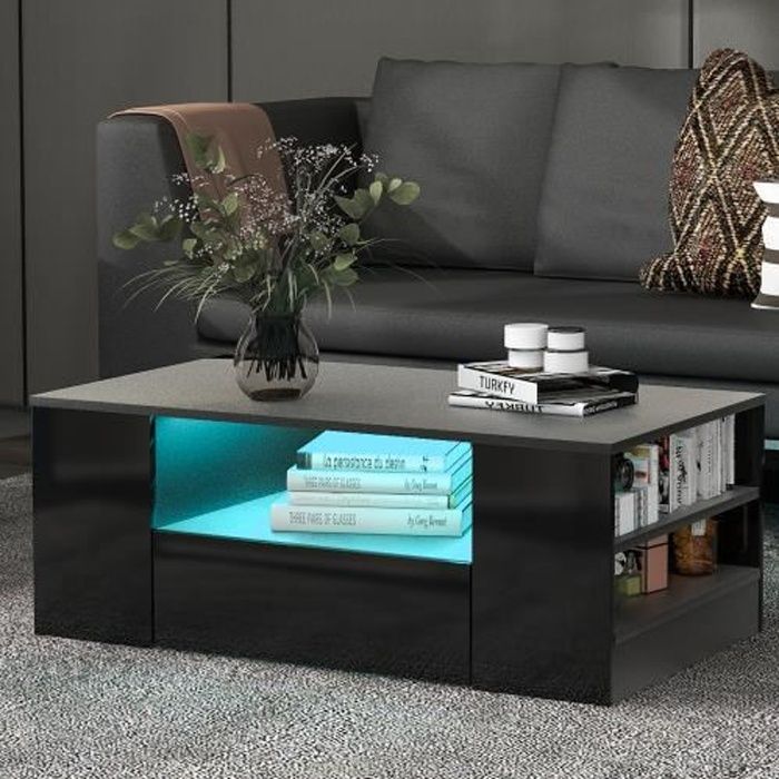 Table Basse Moderne Avec LED - 2 Tiroirs, 2 Étages - 95x53x37 Cm - Noir Brillant - Alimentation USB