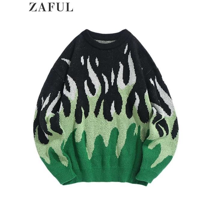 ZAFUL Pull en tricot a manches longues pour hommes pull chaud pulls graphiques flamme de feu Streetwear Y2K green E9622 Blanc Cdiscount Pret a Porter