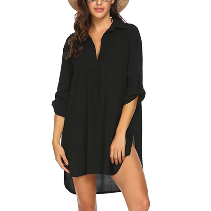 Robe de Plage Femme Tunique Plage Cache Maillot de Bain Ete Chemise Longue Cache Maillots Bikini Cover Up Vetements de Plage noir Cdiscount Pret a Porter
