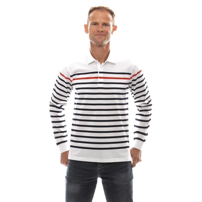 ugholin polo marinière homme coton manches longues rayé blanc/bleu