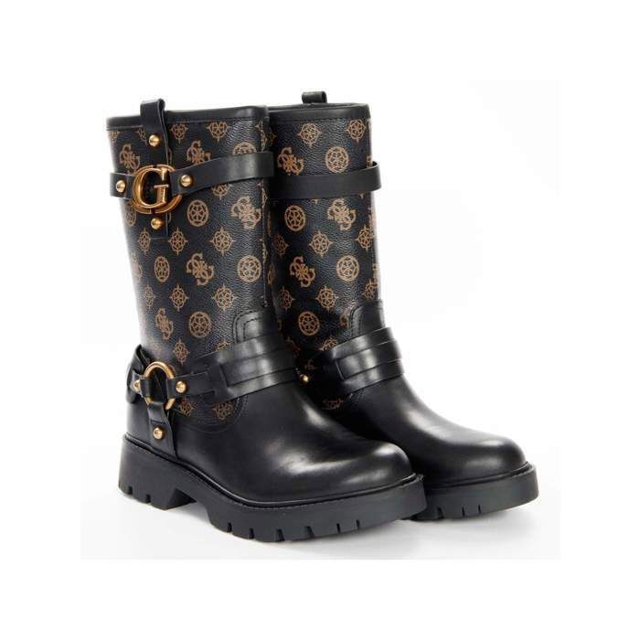 Boots motard cuir v ritable logos Guess jeans Femme Marron