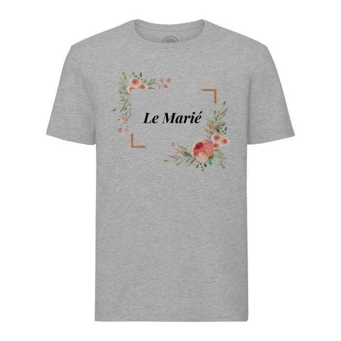 T-shirt Homme Col Rond Gris Le Marié Mariage Fiancé Cadre Floral