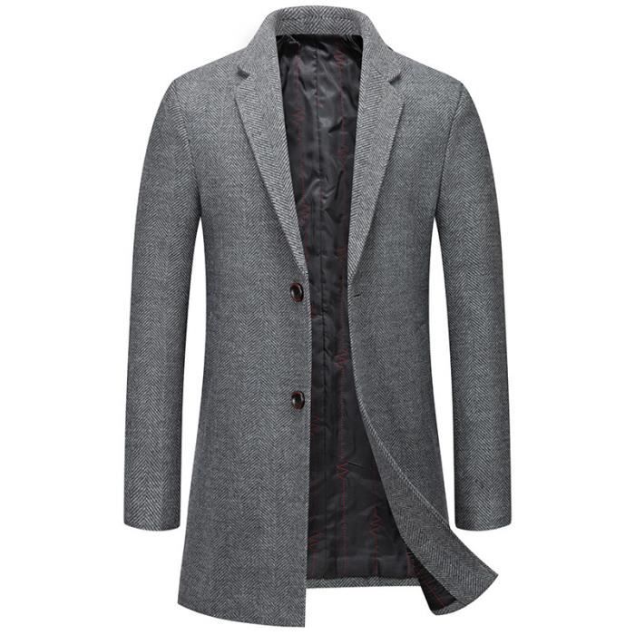 Trench Coat Homme Long – Col Cranté, Simple Boutonnage, 100% Polyester – Pour Hiver, Style Business Ou Casual