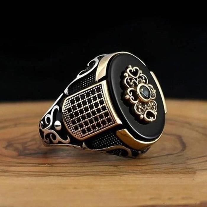 Bague Homme Turque Vintage En Argent 925 - Double Épée Zircon Noir Style Islamique