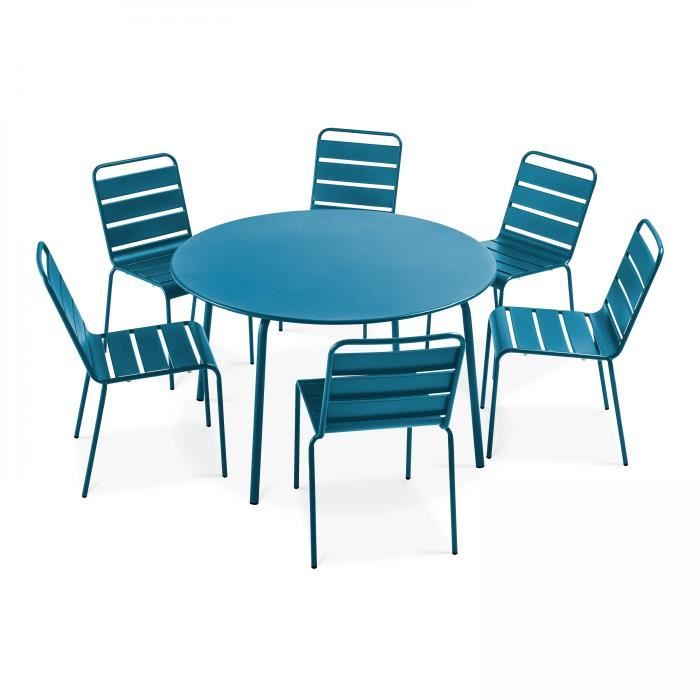 Table de jardin et 6 fauteuils - 120 x 72 cm - Acier - Palavas - Bleu Pacific