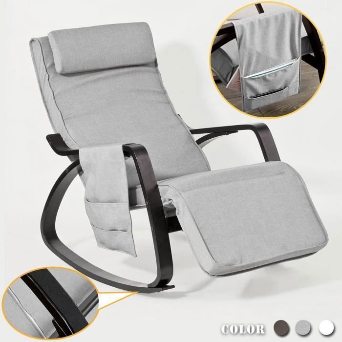 SoBuy Fauteuil à Bascule Relax avec Repose-Pieds et Appui-tête Réglables Chaise Rocking Chair Gris pour Intérieur/Extérieur