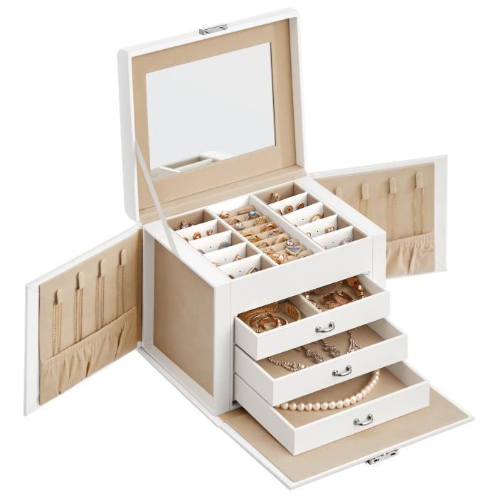 SONGMICS Boîte à bijoux à 4 niveaux avec poignée 3 tiroirs avec miroir serrure rangement de bijoux blanc classique