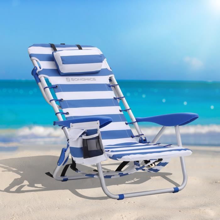 SONGMICS Chaise de Plage Portable avec Oreiller inclinable comme Sac à Dos Chaise d’extérieur Rayure Bleue et Blanche GCB62BU SONGMICS Chaise de Plage Portable avec Oreiller inclinable comme Sac à Dos Chaise d’extérieur Rayure Bleue et Blanche GCB62BU