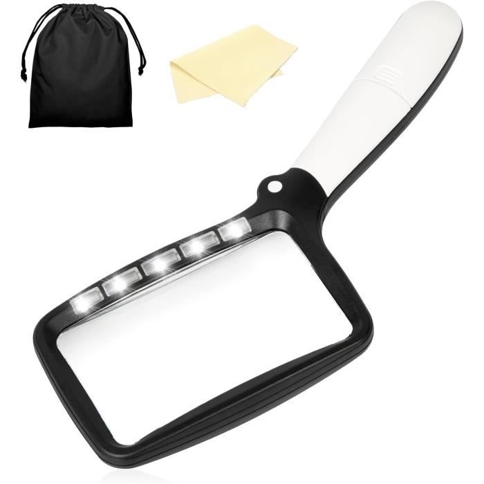 Loupe De Lecture Rectangulaire Lumineuse LED - Grossissement 3x, Pliable, 5 LED 2 Modes | Pour Livres, Bricolage, Observation