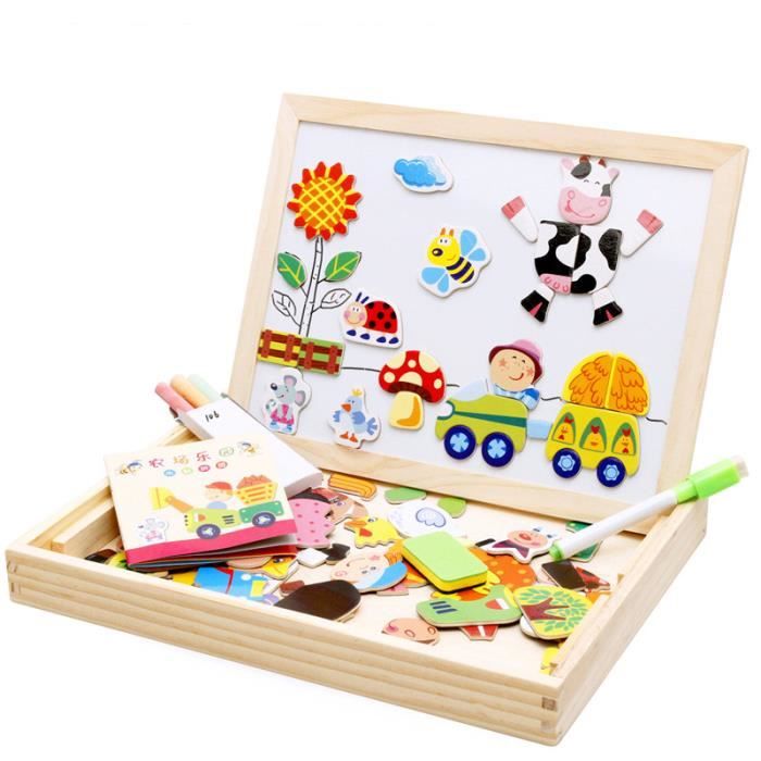 Puzzle Magnétique En Bois 110 Pièces – Animaux – Chevalet Double Face Noir/blanc – Dès 3 Ans – Livré Avec Craies Et Crayon
