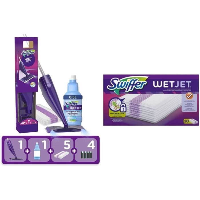 Swiffer WetJet Kit Complet Balai Kit, 5 Lingettes + 1 Nettoyant Liquide + 2 Piles, Lingette Retient la Poussiere et la Salete