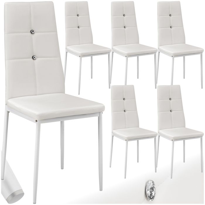 Chaises - TECTAKE - Lot de 6 chaises de salle à manger JULIEN avec strass et revêtement en cuir synthétique 40 x 42 x 97 cm - Blanc