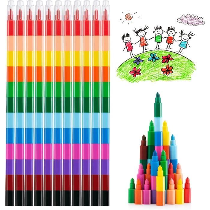 Crayons De Cire Empilables Pour Enfants - Lot De 16 - 12 Couleurs - À Emboîter - Jeu Créatif Et éducatif