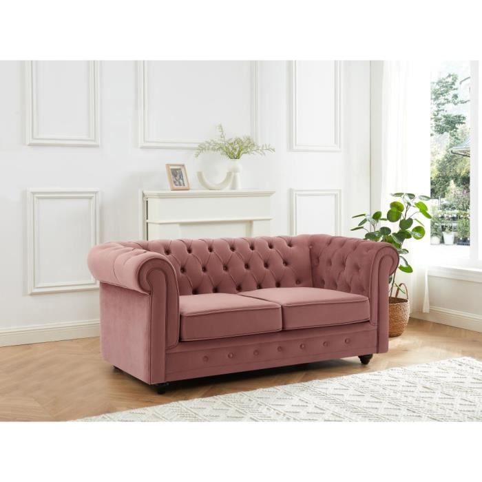 canapé 2 places en velours rose pastel - vente-unique - chesterfield - occasionnel - moelleux - fixe