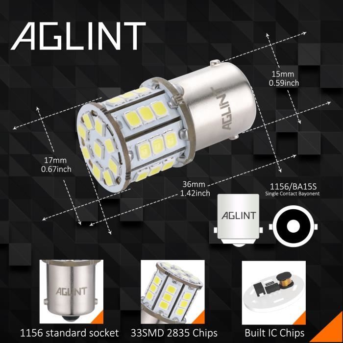 AGLINT P21W LED Ampoule 1156 BA15S Lumières 33SMD Voiture Feux de Jours  Clignotants Lampe Arrière de Feu de Recul Blanc 12V 24V - Cdiscount Auto