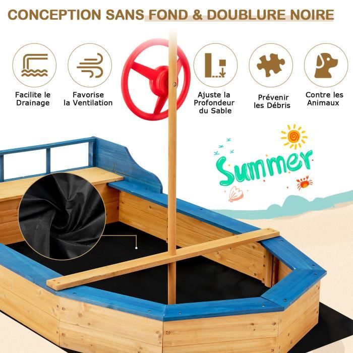 Bac à sable enfant design bateau - dim. 190L x 90l x 138H cm - voile, gouvernail - bois