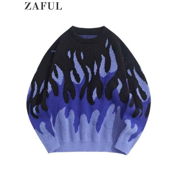 ZAFUL Pull en tricot a manches longues pour hommes pull chaud pulls graphiques flamme de feu Streetwear Y2K green E9622 Blanc Cdiscount Pret a Porter