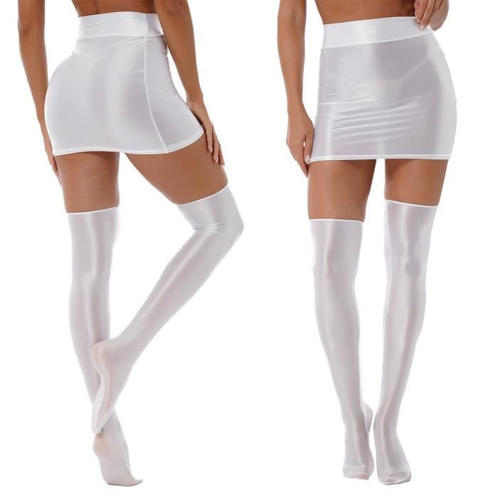 IEFIEL Femme Mini Jupe Moulante Brillant avec Bas de Cuisse Chaussettes Metallique Wetlook Jupe Crayon Clubwear M XL Blanc Cdiscount Pret a Porter