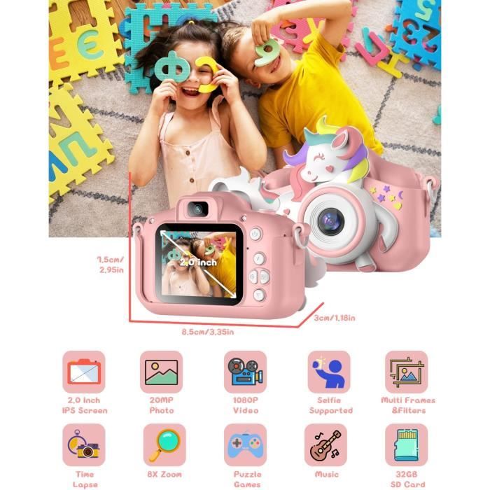 Appareil Photo Enfants, 2.0 Pouces Appareil Photo pour Enfants Numérique,HD  1080P Caméra Vidéo Selfie avec 32GB SD Carte pour 3-12 Ans Enfants