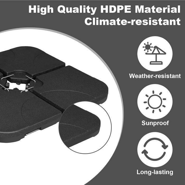 Lot De 4 Pieds De Parasol Déporté En Croix – Remplissable Eau/Sable 88 Kg, Noir Stable Et Portable