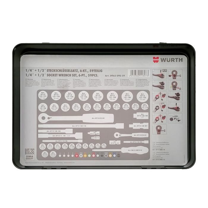 Wurth Black Edition Jeu 34 Pièces Clés à Douille 1/4" – Clé à Cliquet Bi-Matière, Finition Noire Chromée, Étui Pro
