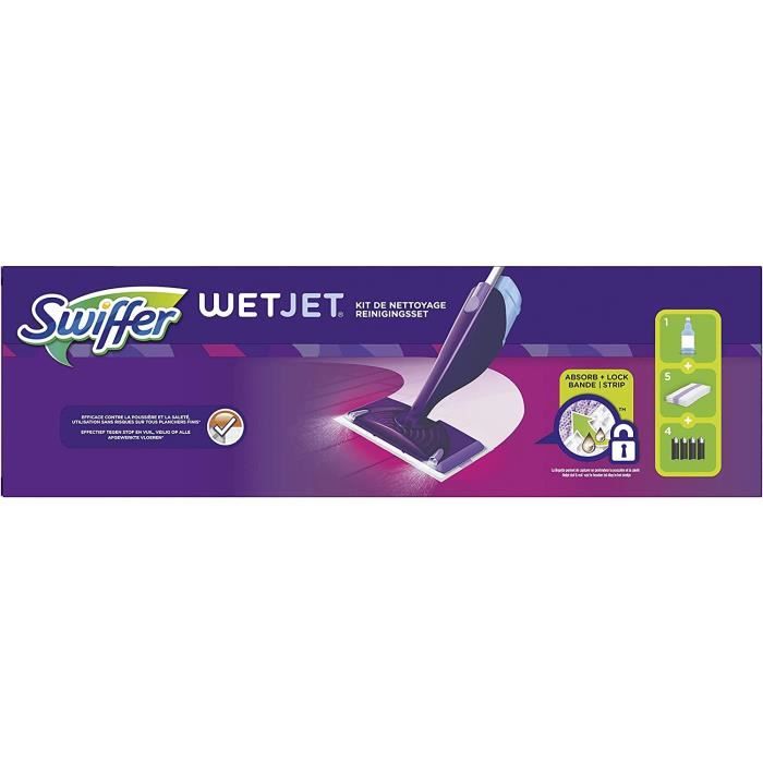 Swiffer WetJet Wood Kit complet 1 Balai Spray + 5 Lingettes + 1 Nettoyant  Liquide + 4 Piles : : Epicerie