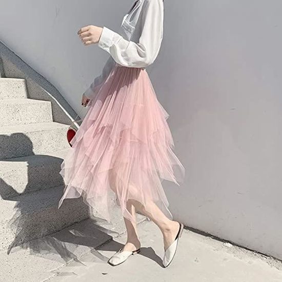 Jupe Mi Longue Tutu Tulle Jupon Taille Elastique Jupe Danse Vacances Ceremonie rose AMOUNE Femme Adulte Rose Cdiscount Pret a Porter