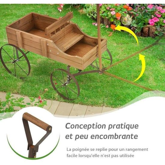 Brouette Fleurs En Bois Sapin Carbonisé GOPLUS - Jardinière