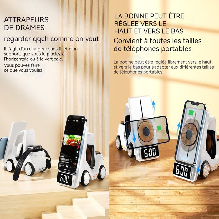 Chargeur Sans Fil Rapide Avec Réveil Numérique, 6 En 1 Chargeur
