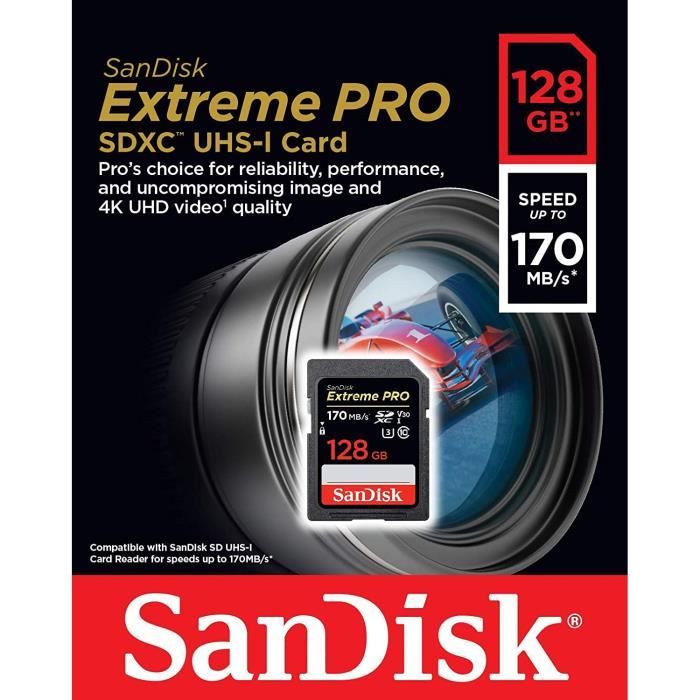 Paquet De Deux Carte mémoire SDXC SanDisk Extreme PRO 128 Go Jusqu'à 170  Mo/s, UHS-I, Classe 10, U3, V30 - 2PCS/PACK - Cdiscount Appareil Photo