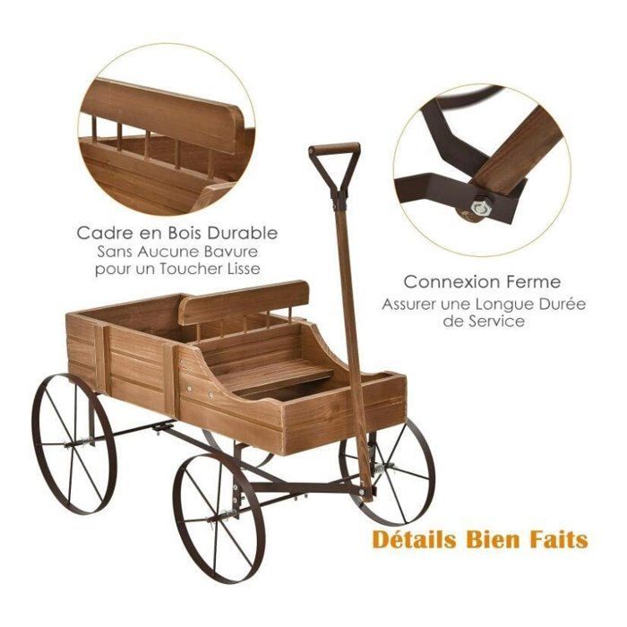 GIANTEX Brouette Fleurs en Bois de Sapin, Jardiniere Brouette avec 4 Grands Roues, Longue Poignée Réglable, Idéal pour Jardinage Extérieur, 75 x 43 x 54 cm, Marron