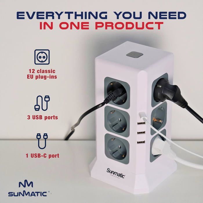 Multiprise Tour 12 Prises + 5 Ports USB 4,5A, Parafoudre 2 Mètres