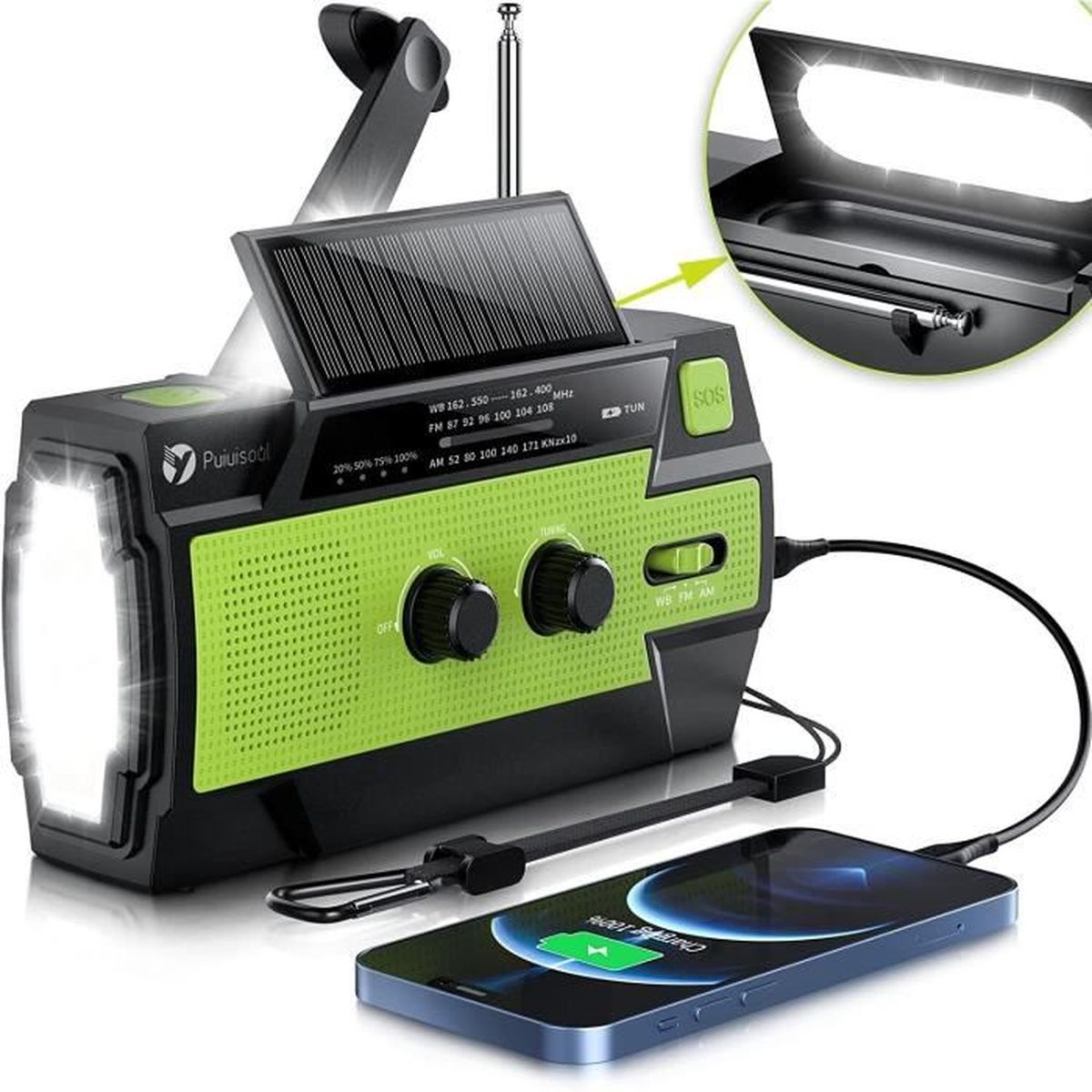 Bewinner Solar-/Kurbelradio – Mit Taschenlampe, Power Bank (800 MAh), AM/FM/NOAA, Für Notfälle & Outdoor