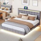 LANGTU Lit 160x200 cm avec LED et port USB, structure de lit flottant 160x200 cm avec sommier à lattes, tissu en lin, gris