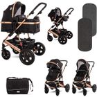LORELLI Lora - Poussette combinée 3en1 avec couvre jambes, nacelle et siège auto - Jusqu'à 15Kg - Pliable - Noir/Or
