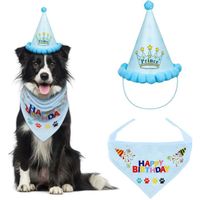 Bandana d'anniversaire de chien chat, écharpe triangulaire en coton avec chapeau de fête d’anniversaire pour chien chat - Bleu