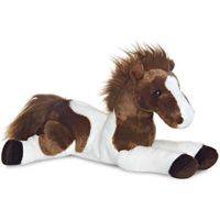 Peluche cheval marron et blanc couché 30 cm