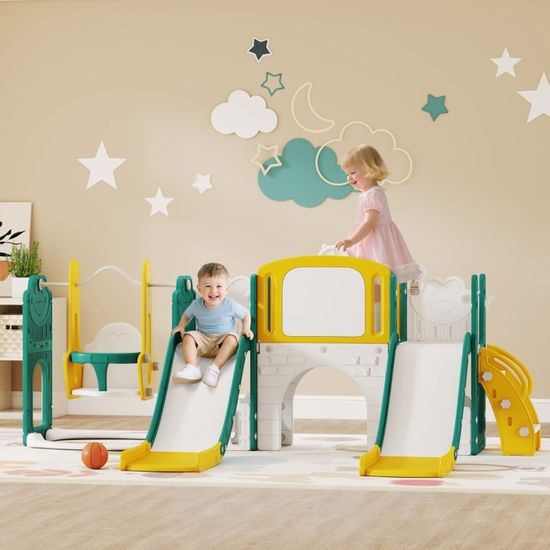 DREAMADE Ensemble Toboggan Et Balançoire 7 En 1 – Aire De Jeux Intérieure – Pour Enfants 1-3 Ans – Rose Et Gris