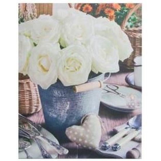 Cadre toile tableau Fleur rose blanche dans pot et coeur romantique -  vintage rétro - 50 x 40 cm - Cdiscount Maison