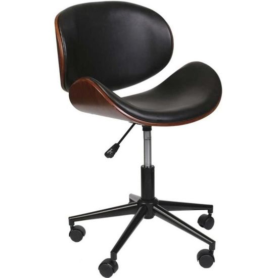Chaise de bureau bois et simili cuir à roulettes Reno Noir - Vintage - Réglable en hauteur - A roulettes
