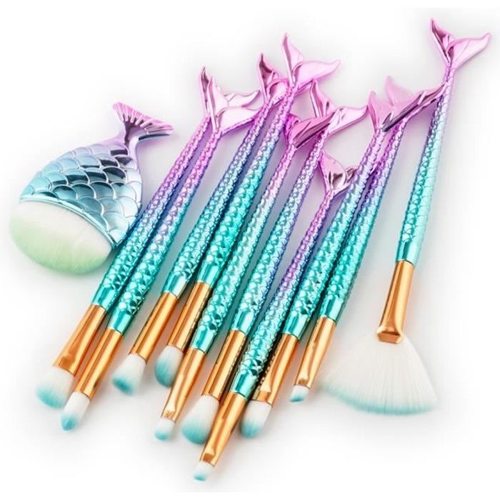 11 pcs Kit de pinceaux maquillage de sirène brosses pour les yeux cosmétiques eyeliner