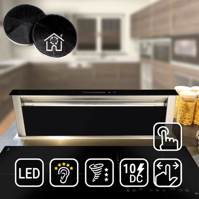 Table Hotte Aspirante DRAFT865 + Plaque de cuisson à induction IND9020RL (90cm, inox, verre noir, éclairage LED, 10 étapes)