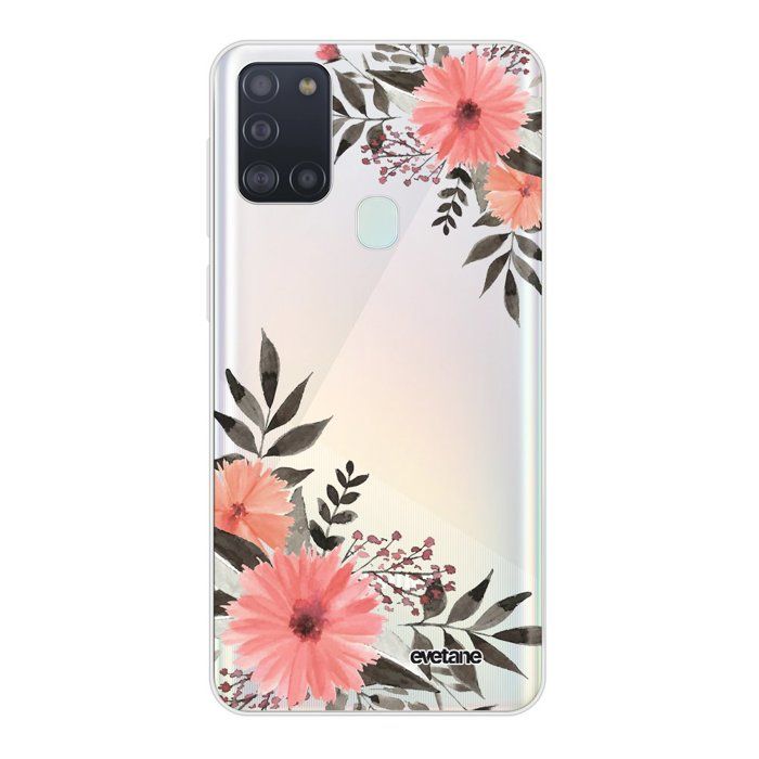 Coque Samsung Galaxy A21S 360 intégrale transparente Fleurs roses Ecriture Tendance Design Evetane.