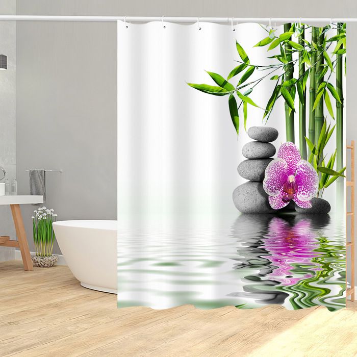 Rideau de douche zen bambou lac galets et fleur anneaux inclus 3D effect imperméable 180 x 200 cm