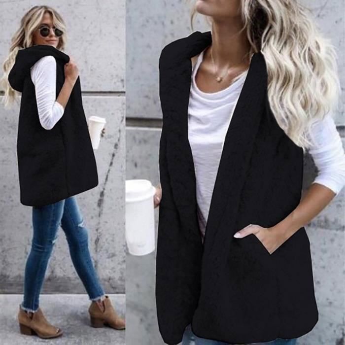 Veste Gilet Matelassé sans Manche Doudoune Blouson à Capuche Femme Sport Grande Taille Noir