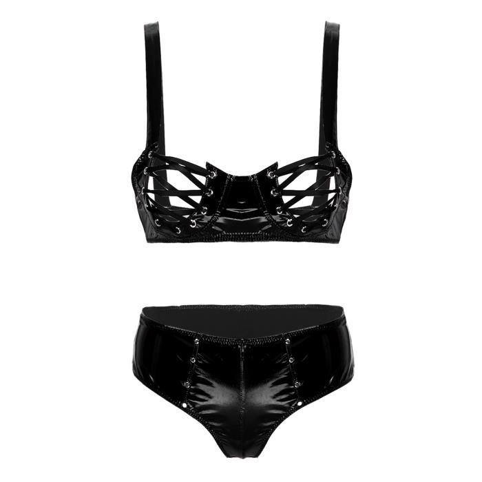 YEAHDOR Ensemble Lingerie Sexy Femme Cuir Verni Erotique Bondage Soutien-gorge Lacet Ouvert String S-XL Noir