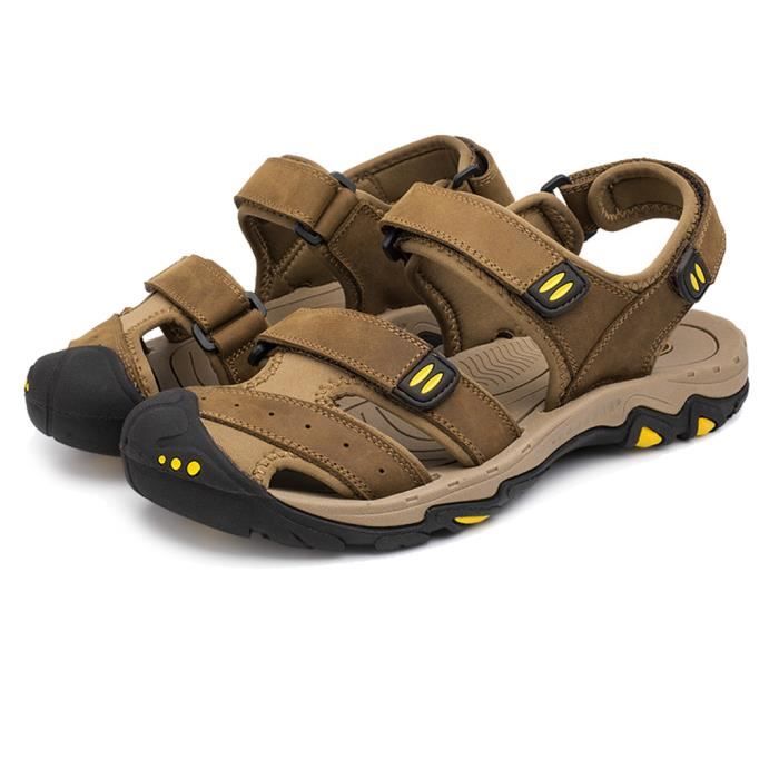MBF® Homme Sandales Casual Plage Randonnée en Cuir Chaussures de Sport Toe Fermé Anti-glissant Respirant - Brun Claire