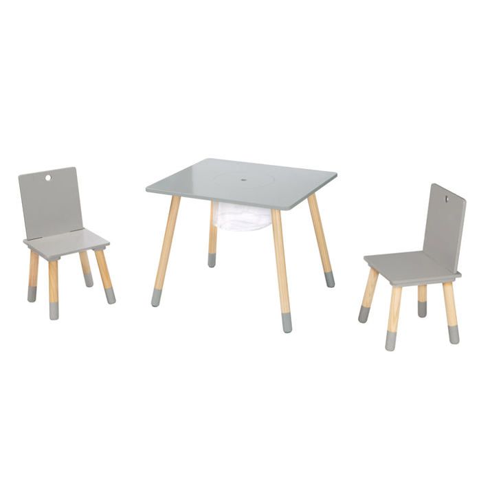 ROBA Ensemble table et 2 chaises pour enfants – bois laqué gris – incl. filet de rangement