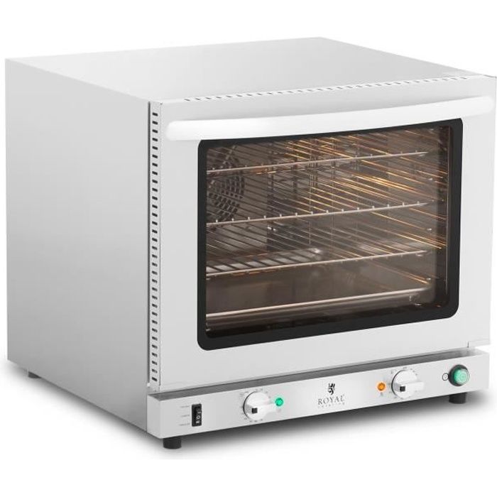 Four à convection Air Pulsé Vapeur Royal Catering (2 800W 65-250 dc Minuterie 0-120 minutes 3 Grilles + 1 Plaque incl.ss Inox)
